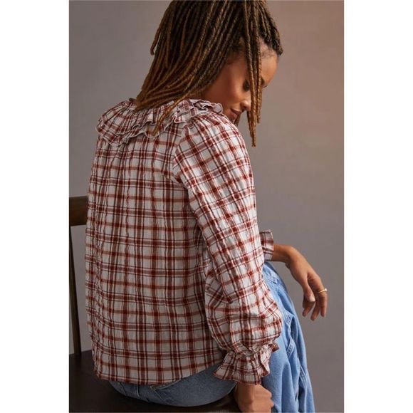 Anthropologie Maeve Ruffled Plaid Buttondown Red Mottif NWT M - Picture 7 of 12
